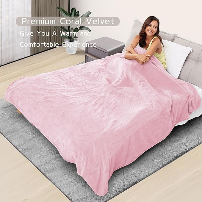 Electric Heated Blanket 90"x100" King Size, Soft Coral Fleece, Dual Controllers with 4 Heating Levels and 10 Hours Auto-Off, Machine Washable, Cozy Plush Fabric for Home, Pink