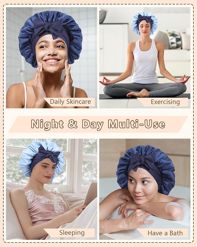 AWAYTR Women Satin Bonnet for Sleeping - Double Layer Silk Hair Bonnet with Elastic Tie Band for Braids Curly Hair