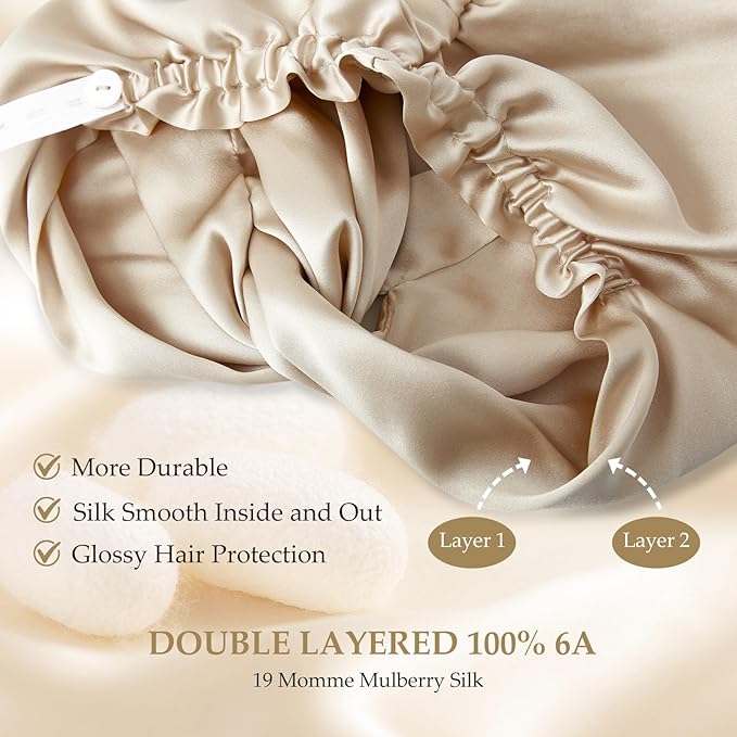 Silk Bonnet for Sleeping Women, 100% Mulberry Silk Sleep Cap with Elastic Band, Real Mulberry on Both Sides, Champagne