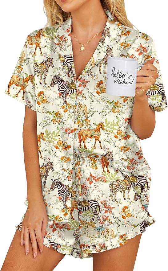 Ekouaer Womens Satin Pajamas Set Button Down 2 Piece Silk Pjs Shorts Set Ruffle Lingerie Notch Collar Sleepwear