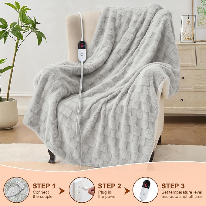 Electric Heated Blanket Queen Size Dual Control - Jacquard Checkered Sherpa 84"x90" Fast Heating Bed Blankets with 6 Heating Levels & 10 Hours Auto Off, Over-Heat Protection ETL, Light Gray