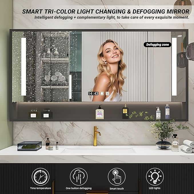 Bathroom Vanity with Double Sink, Modern Bathroom Vanities Compo Includes LED Smart Defogging Mirror Cabinet and Open Shelf, Solid Wood Bathroom Sink Vanity with Slate Countertop (Dark Grey,92")