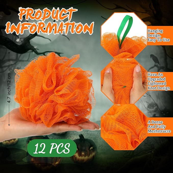 12 Pcs Thanksgiving Bath Loofah Sponge Orange Harvest Loofah Exfoliating Body Scrubber Shower Sponge 50g Mesh Shower Pouf Balls Gift Set for Women Men Bathing Accessories(Orange)