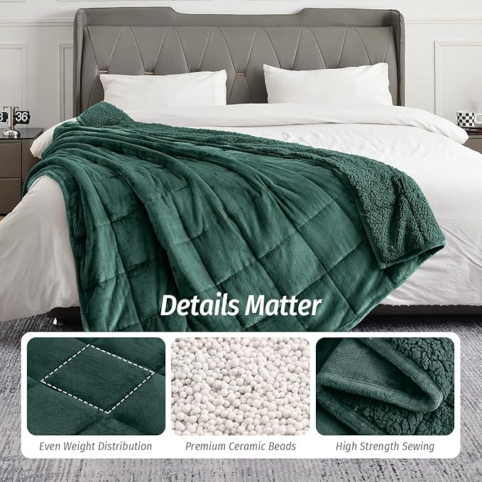 Wemore Sherpa Fleece Weighted Blanket for Adult, 15 lbs Dual Sided Cozy Fluffy Heavy Blanket, Ultra Fuzzy Throw Blanket with Soft Plush Flannel Top, 60 x 80 inches, Green on Both Sides