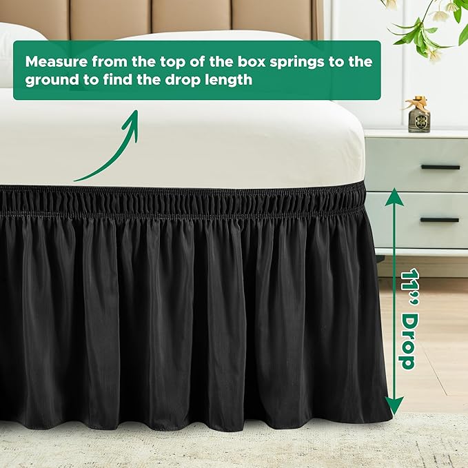 Biscaynebay Wrap Around Bed Skirts for King & Cal King Beds 11" Short Drop, Black Adjustable Elastic Dust Ruffles Easy Fit Wrinkle Resistant Silky Luxurious Fabric Machine Washable