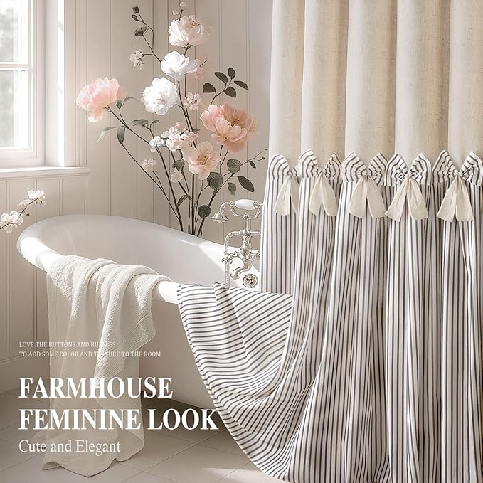 Farmhouse Shower Curtain Linen Beige Bow Woven Fabric Country Rustic Western, Pleated Brown Stripe 72" W x 78" L