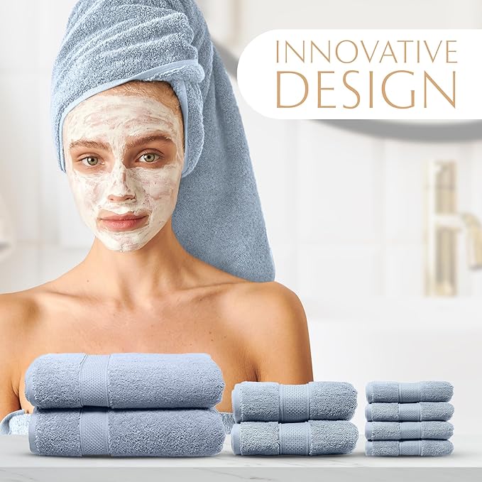 MAURA Light Blue Bath Towel Set of 8 for Bathroom. Turkish Cotton Luxury Bath Towels. Extra Large, Thick, Plush & Soft. Hotel & Spa Quality - Serenity Blue