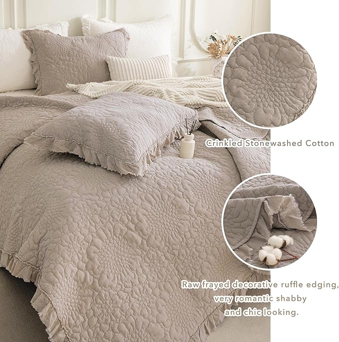QSH 3PCs Stonewashed Cotton Quilt King (110"x98"),Linen Feel Ruffled Quilt King Size Bedding Set,Ultra Lightweight Soft Crinkled Bedspread Coverlet King Shabby Farmhouse Chic Bed Set for All Seasons