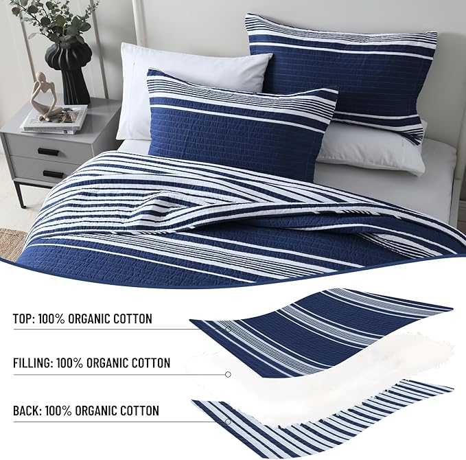 Striped King Size Quilt - 100% Cotton Navy Blue White Striped Modern Boys Men Unisex Quilt Bedspread for King Bed, Lightweight Reversible Quilted Bedding Set with 2 Pillow Shams for All Season