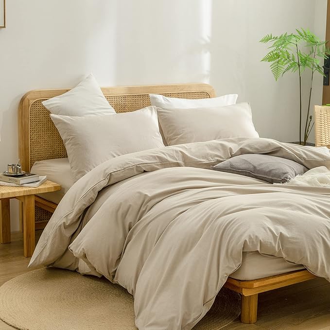 BESTOUCH Duvet Cover Set 100% Washed Cotton Linen Feel Super Soft Comfortable Chic Lightweight 3 PCs Home Bedding Set Solid Almond Milk Grey Full/Double