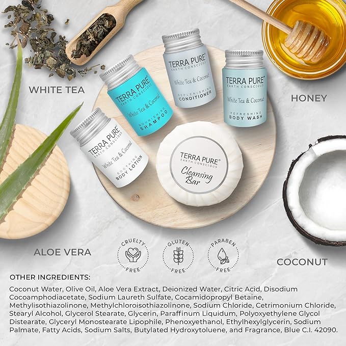 Terra Pure White Tea & Coconut Amenity Kit | Hotel Bulk Toiletries | 1 oz Shampoo, Conditioner, Lotion, Body Wash, Cleansing Bar for Guest Hospitality Vacation Rentals | 60 Sets/Case