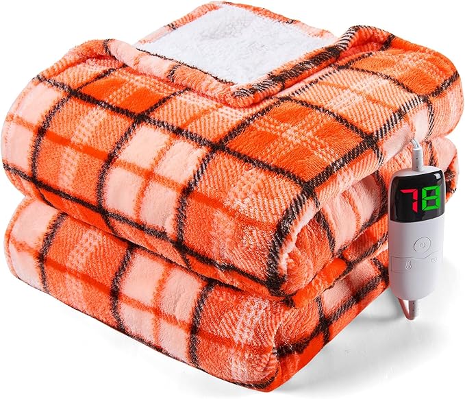 Heated Electric Blanket Full Size,72X84 Heating Blanket,Orange Plaid Soft Sherpa Blankets Warmer Gift for Grandma Women Adult,Fast Heating Washable