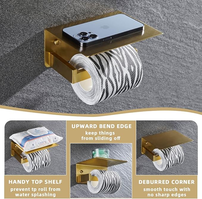 Angle Simple Toilet Paper Holder with Shelf, 304 Stainless Steel Bathroom Tissue Roll Holder for Wall Brushed Gold
