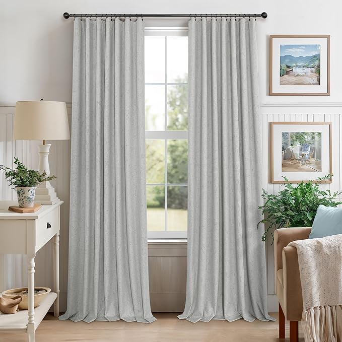Extra Long White Gray Blackout Curtains 108 Inch Long for Living Room 2 Panel Lightweight Linen Textured Total Black Out Darkening Light Grey Drape for Sliding Glass Doors Back Tab Pocket 9ft Length