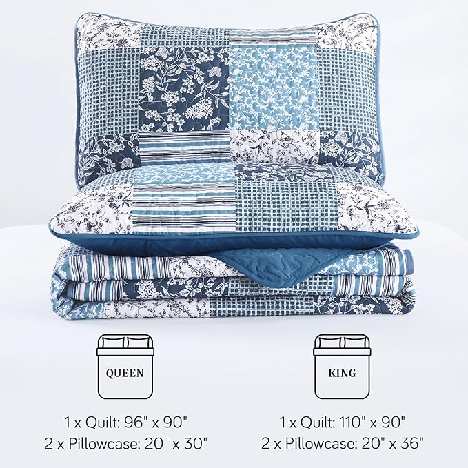 Mybedsoul Navy Blue Quilt Set King Size, 3 Pieces Plaid Floral Bedspread Set Patchwork Reversible Bedding Set Microfiber Lightweight Bedspread Coverlet Set for All Season 110"x90"