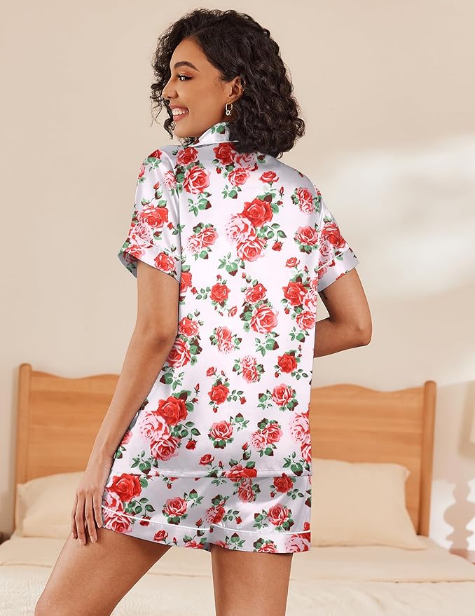 Ekouaer Pajamas for Women Set Silk Satin Pjs Shorts Sleepwear 2 Piece Loungewear S-XXL