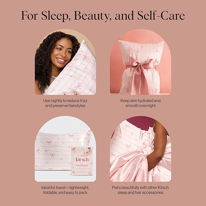 Kitsch Satin Pillowcase, Softer Than Silk Pillow Cases Queen, Cooling Pillow Covers, Satin Pillowcase w/Zipper for Hair, Skin & Quality Sleep, Wrinkle-Free & Smooth, Queen Size 19"x26" Striped Bows
