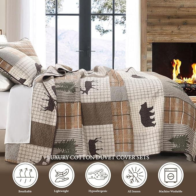 Uniclinens 100% Cotton Quilts King Size - Farmhouse Cabin Lodge Bear Deer Tree King Quilt Set, Soft Patchwork Plaid Bedspread Lightweight Quilted Comforter with 2 Pillow Shams, Green/Brown/Cream