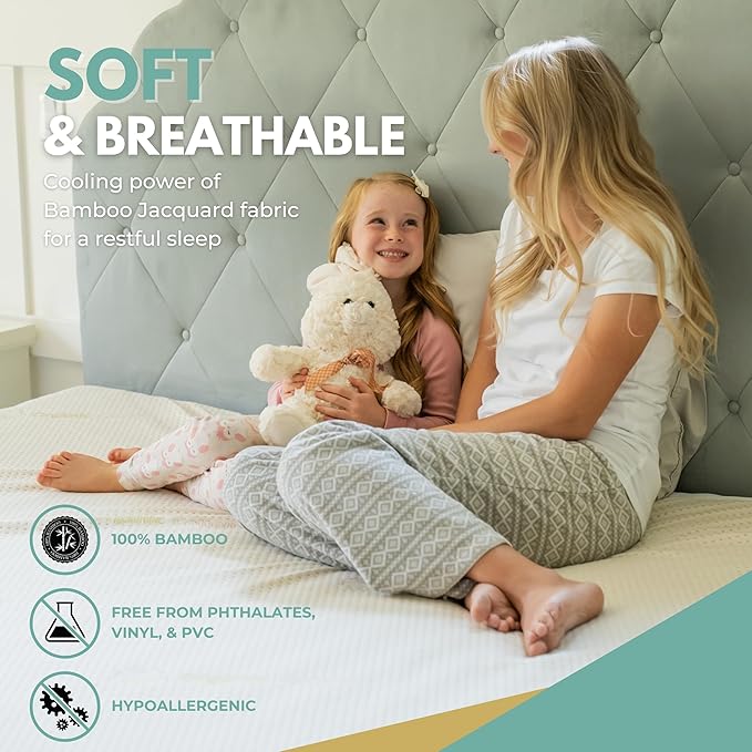 Queen Size 60x80” Premium Bamboo Waterproof Mattress Protector, 100% Viscose from Bamboo, Hypoallergenic, Cooling Mattress Pad Cover, Soft & Breathable Fitted Sheet Style up to 18" Deep - Rest Line