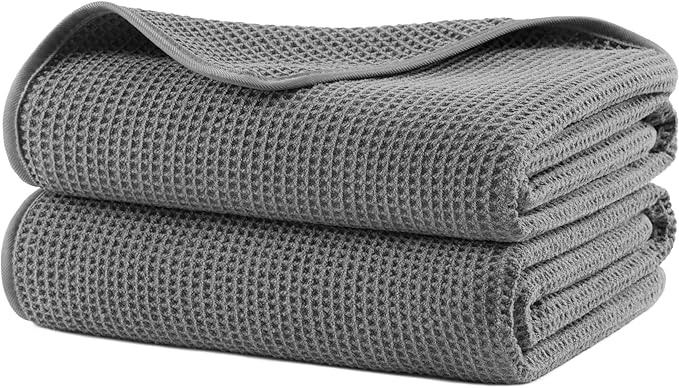 POLYTE Microfiber Oversize Quick Dry Lint Free Waffle Bath Towel for Body, 60 x 30 in, Set of 2