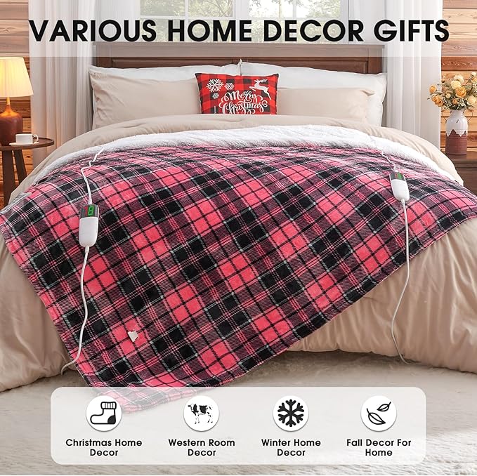 Pink Heated Blanket Electric, Queen Size 84X90, 10 Heat Levels/8 Hours Auto Off/Dual Control for Bed, Blue Plaid Checkered Sherpa Blanket Warmer for Adult, Washable Gift