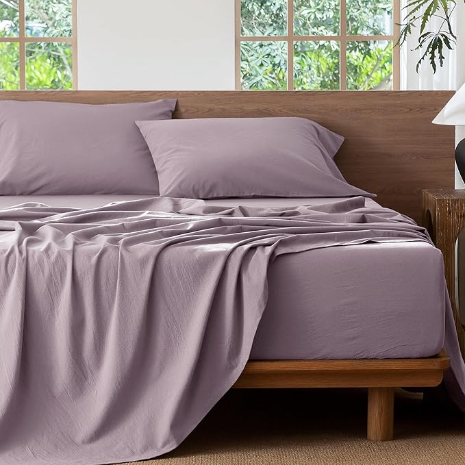 MooMee Bedding Sheet Set 100% Washed Cotton Linen Like Textured Breathable Durable Soft Comfy (Solid Taro Purple, King)