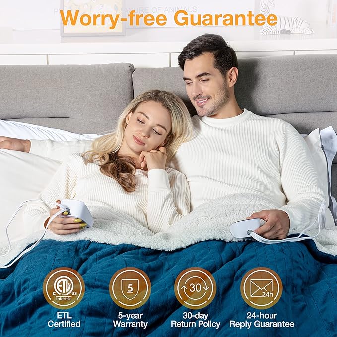 WOOMER Heated Blanket King Size,Durable Flannel and Soft Sherpa,Dual Control,84” × 90” Electric Blanket, 10 Heat Levels&0.5-12h auto-Off, Overheat Protection,Energy Efficient