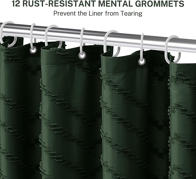 Boho Extra Long Dark Green Shower Curtain with Tassel, Woven Fabric Shower Curtain, Tufted Chevron Striped, 72 x 78, Modern Chic Textured Minimalist Bathroom Shower Curtains