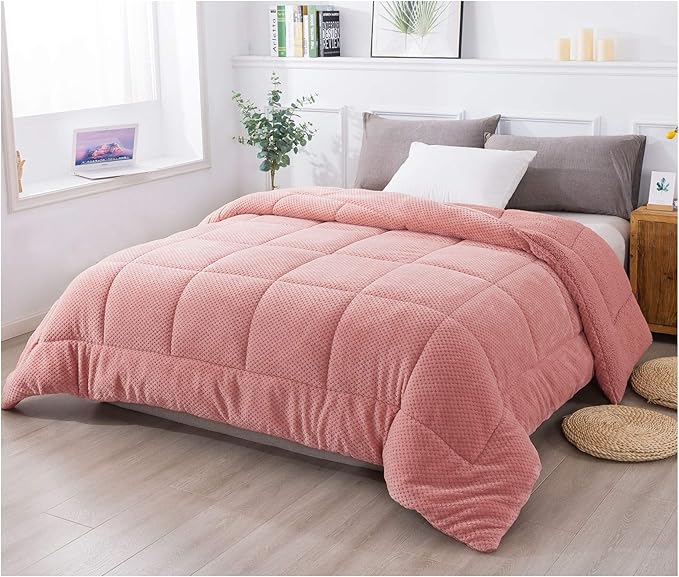 KASENTEX Super Ultra Soft Luxury Plush Sherpa Comforter, Cozy Reversible Fleece - Goose Down Alternative Fill, Machine Washable Bedding, Sunset Rose Pink, King Size
