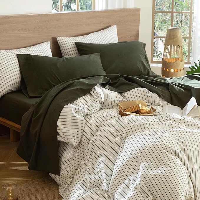 MooMee Bedding Sheet Set 100% Washed Cotton Linen Like Textured Breathable Durable Soft Comfy (Solid Olive Green, California King)