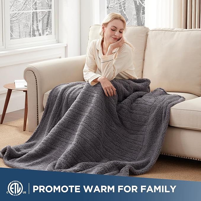 Westinghouse Electric Blanket Throw Size, Soft Plush Sherpa Heated Blanket with 6 Heating Levels & 2-10 Hours Auto-Off, Machine Washable, 50x60 inches, Darkgrey