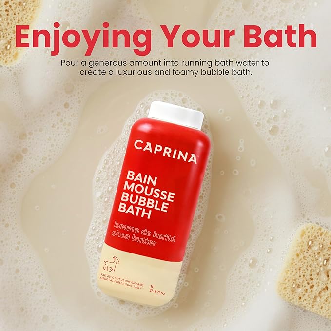 Caprina Fresh Goat’s Milk Bubble Bath, 1L, Hydrating Relaxing Foam Bath, Moisturizing and Gentle on Skin, Made in Canada (Shea Butter)
