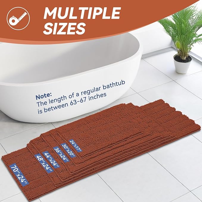 Bcoimo 70"×24" Chenille Bath Mat – Non-Slip with Backing Bath Rug Ultra-Absorbent and Machine Washable Bathroom Mat Quick-Dry Design. Ideal for Bathroom and Tub Areas