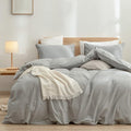 BESTOUCH Duvet Cover Set 100% Washed Cotton Linen Feel Super Soft Comfortable Chic Lightweight 3 PCs Home Bedding Set Solid Light Grey Super King