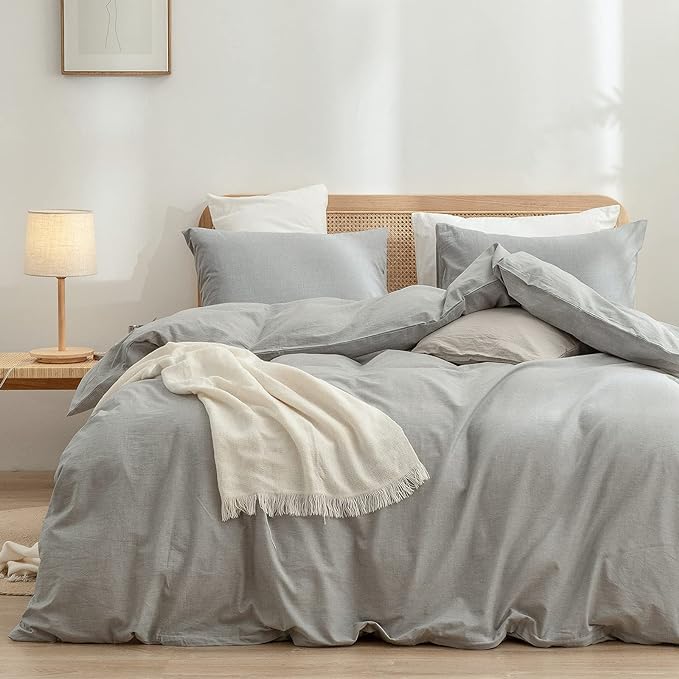 BESTOUCH Duvet Cover Set 100% Washed Cotton Linen Feel Super Soft Comfortable Chic Lightweight 3 PCs Home Bedding Set Solid Light Grey Super King