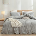 BESTOUCH Duvet Cover Set 100% Washed Cotton Linen Feel Super Soft Comfortable Chic Lightweight 3 PCs Home Bedding Set Solid Light Grey Queen