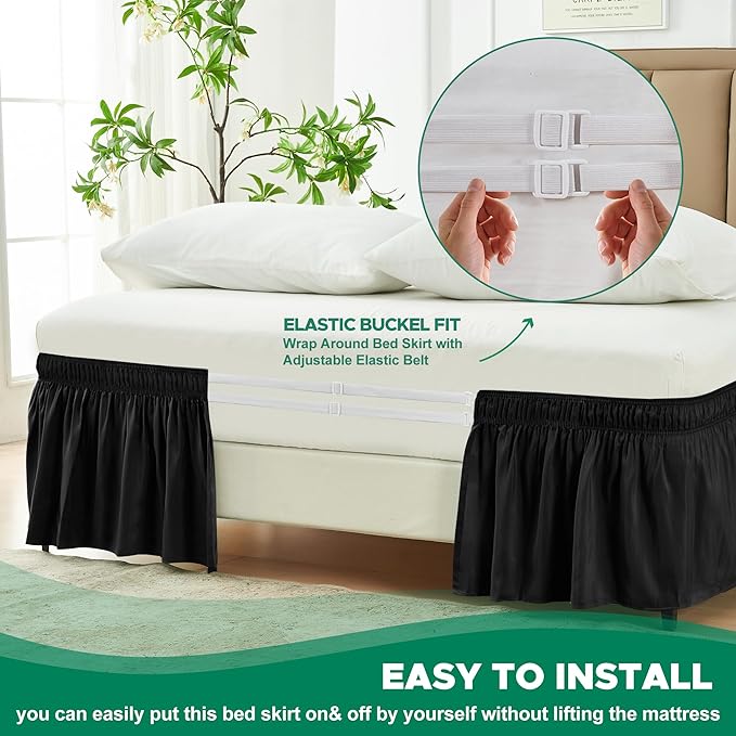 Biscaynebay Wrap Around Bed Skirts for Full & Full XL Beds 14" Drop, Black Adjustable Elastic Dust Ruffles Easy Fit Wrinkle & Fade Resistant Silky Luxurious Fabric Solid Machine Washable