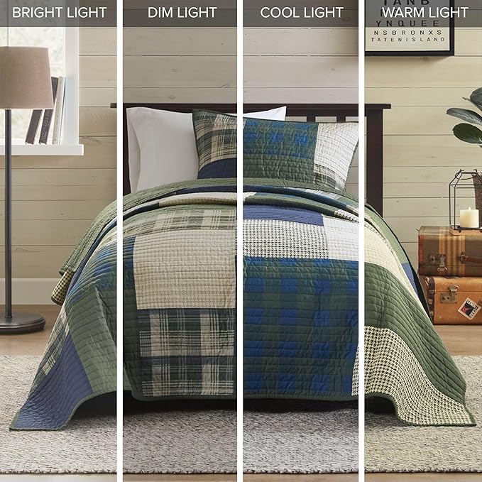 Woolrich Quilt Set Patchwork Channel Quilting, Cottege Coverlet for Twin Size Bed All Seasons, Lightweight Prewashed Cotton Coverlet Bedspread, Shams, Mill Creek, Oversized Twin/Twin XL Green 2 Piece