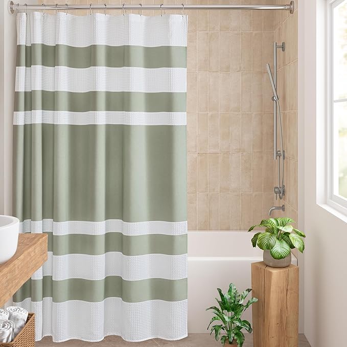Madison Park Shower Curtain Spa Waffle Weave Wide Shower Curtain for Bathroom 3M Scotchgard Moisture Management, Spa Quality Modern Shower Curtains for Bathroom, Extra Wide 108"x72" Sage Green