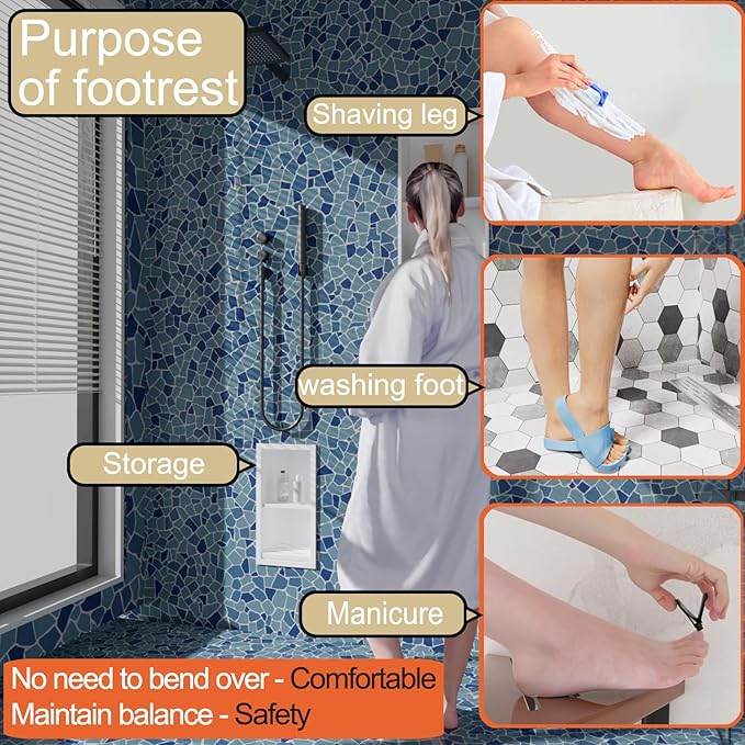 Shower Foot Rest for Shaving Legs,Double Layer Niche for Footrest,Shower Footrest for Insert Wall,Stainless Steel 304，Matte White,12.2 in x 4.8 in x 3.9 in