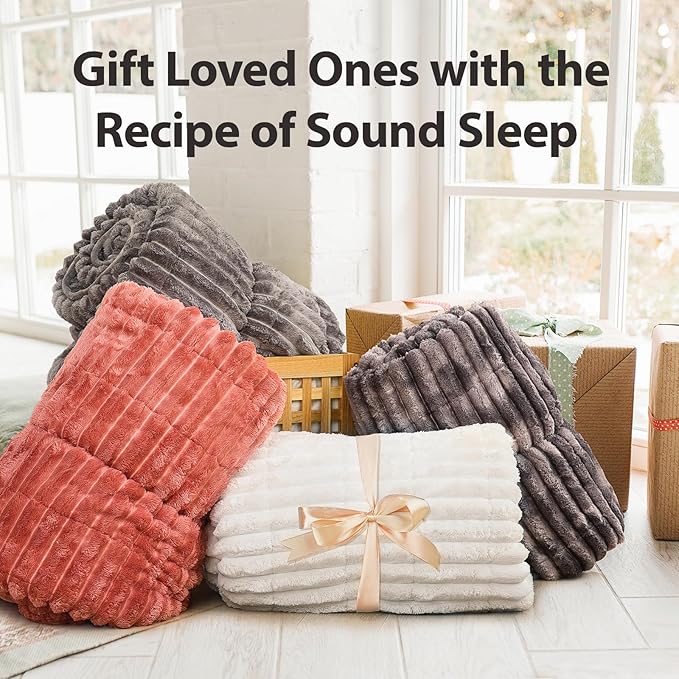 Sherpa Fleece Weighted Blanket with 3D Ribbed Stripes, 15 lbs Soft Flannel Heavy Throw Blanket for Couch Bed Sofa, Heavy Thick Blankets with Ceramic Beads, Great for Sleep, 48" x 72"