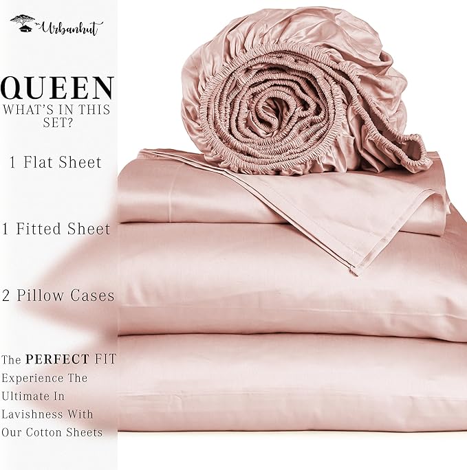 URBANHUT Queen Size Sheets 100% Pure Cotton, 1000 Thread Count 4 Pc Bed Sheet Sets, Soft & Breathable, Luxury Hotel Sheets Fits 16" Elasticized Deep Pocket, Sateen Weave, Solid - Blush Pink