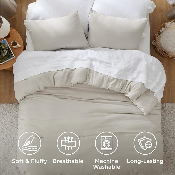 Bedsure Queen Size Comforter Set, Beige Soft Prewashed Bedding for All Seasons, 3 Pieces GentleSoft™ Warm Down Alternative Bed Set, 1 Lightweight Comforter (90"x90") and 2 Pillowcases (20"x26")