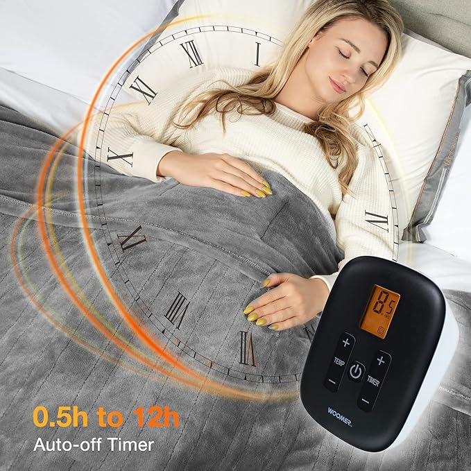 WOOMER Heated Blanket Queen Size,Durable Flannel and Soft Sherpa,Dual Control,84” × 90” Electric Blanket, 10 Heat Levels&0.5-12h auto-Off, Overheat Protection,Energy Efficient
