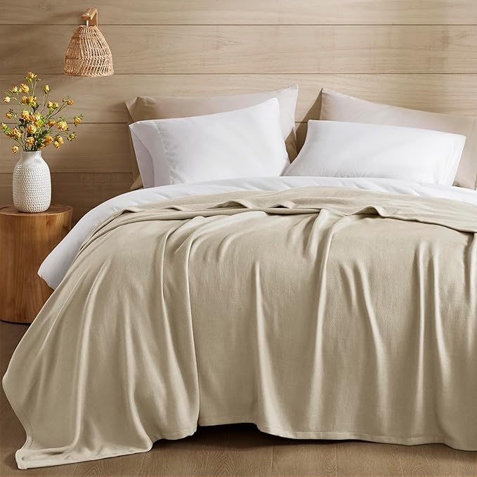 Madison Park Queen Size Blanket, 70% Rayon Bamboo-Based, 30% Cotton, Breathable for Hot Sleepers Menopause, Ultra Soft and Snag-Resistant, Summer Blanket for Bed or Couch, Queen 90"x90" Khaki