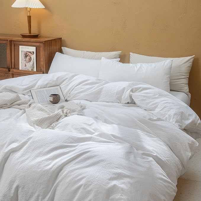 FOSSA Duvet Cover Set 100% Washed Cotton Linen Feel Super Soft Breathable Cozy 3 Pieces Bedding Sets Solid Bright White Full/Double