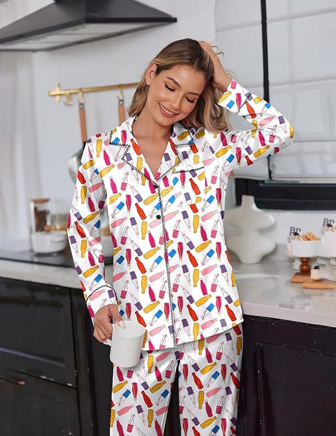 Ekouaer Satin Pajama Set for Women Silky Sleepwear Long Sleeve Top and Pants Button Down Pjs Lounge Set