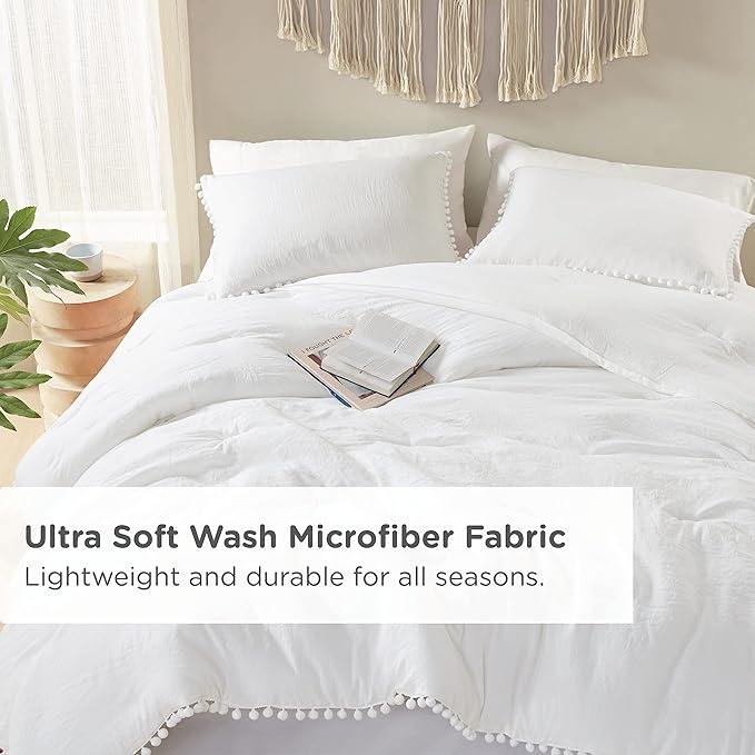 Codi White Boho Twin Comforter Set for Girls, Aesthetic Luxurious Pom Fringe Design Bedding,Cute Soft Washed Microfiber Bed Sets, Lightweight Chic,1 Comforter & 1 Pillowcase