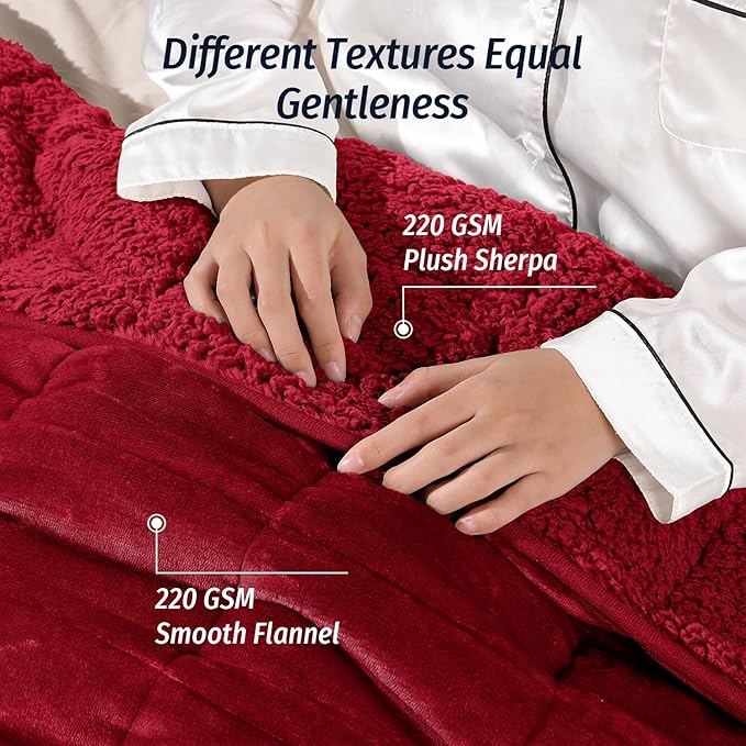 Wemore Sherpa Fleece Weighted Blanket for Adult, 15 lbs Dual Sided Cozy Fluffy Heavy Blanket, Ultra Fuzzy Throw Blanket with Soft Plush Flannel Top, 60 x 80 inches for Queen Burgundy on Both Sides