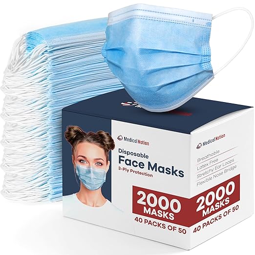2000 Pcs Blue Disposable Face Masks | Bulk 3 Ply Facemask Pack - Soft Breathable Latex Free Non-Woven Dust Mask with Flexible Nose Bridge & Stretchy Ear Loops (40 Packs x 50)